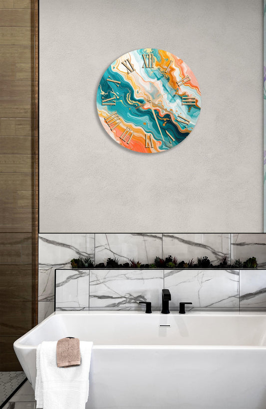 Tempered Glass Wall Clock – Abstract Marble Teal & Gold Decor, Silent Modern Art