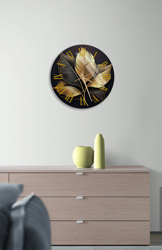 Tempered Glass Wall Clock - Black Gold Floral Design | Silent, Scratch Resistant