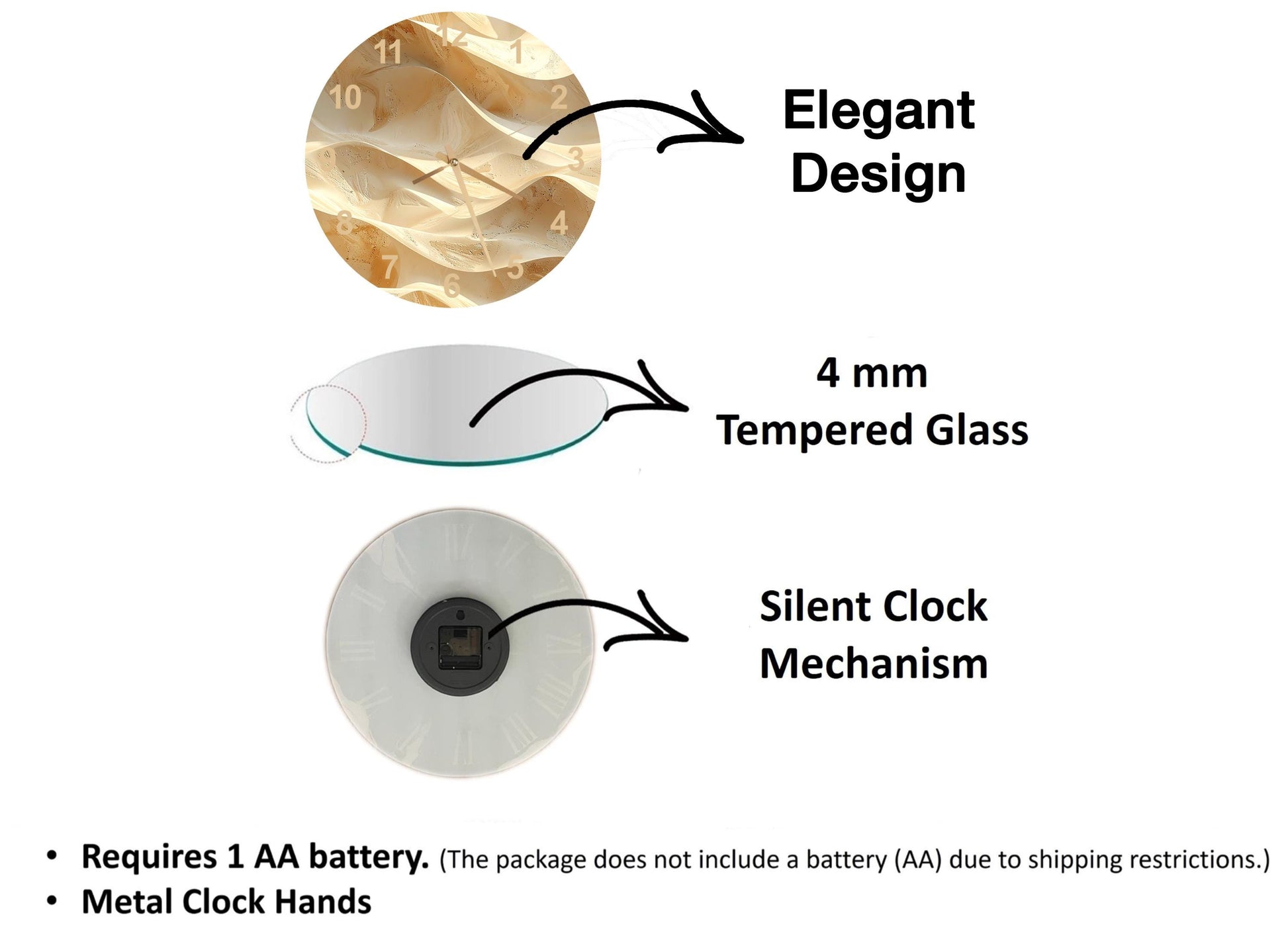 The image is a diagram that illustrates the features of a clock, including the type of glass used, the mechanism, and the battery requirements.