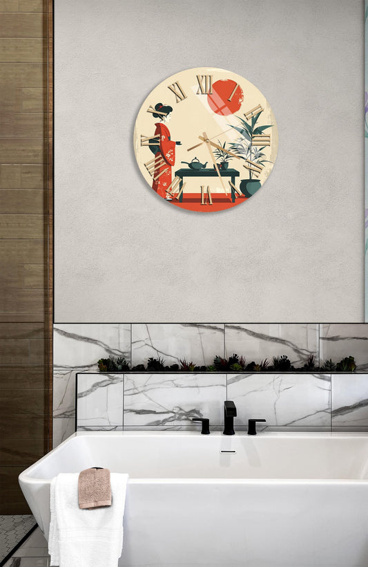Tempered Glass Wall Clock - Japanese Geisha Art, Beige Red Elegant Decor