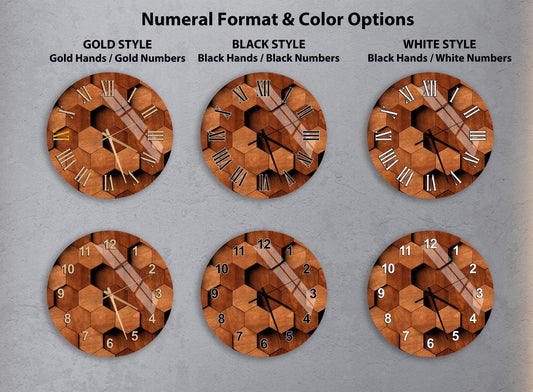 a collection of six different clock designs, each with a unique style and color option. The clocks are arranged in a grid format, showcasing various styles such as gold, black, white, and hexagonal. The clocks are designed with wooden elements, giving them a rustic and natural appearance. The image does not contain any text, and the focus is on the visual presentation of the clock designs.