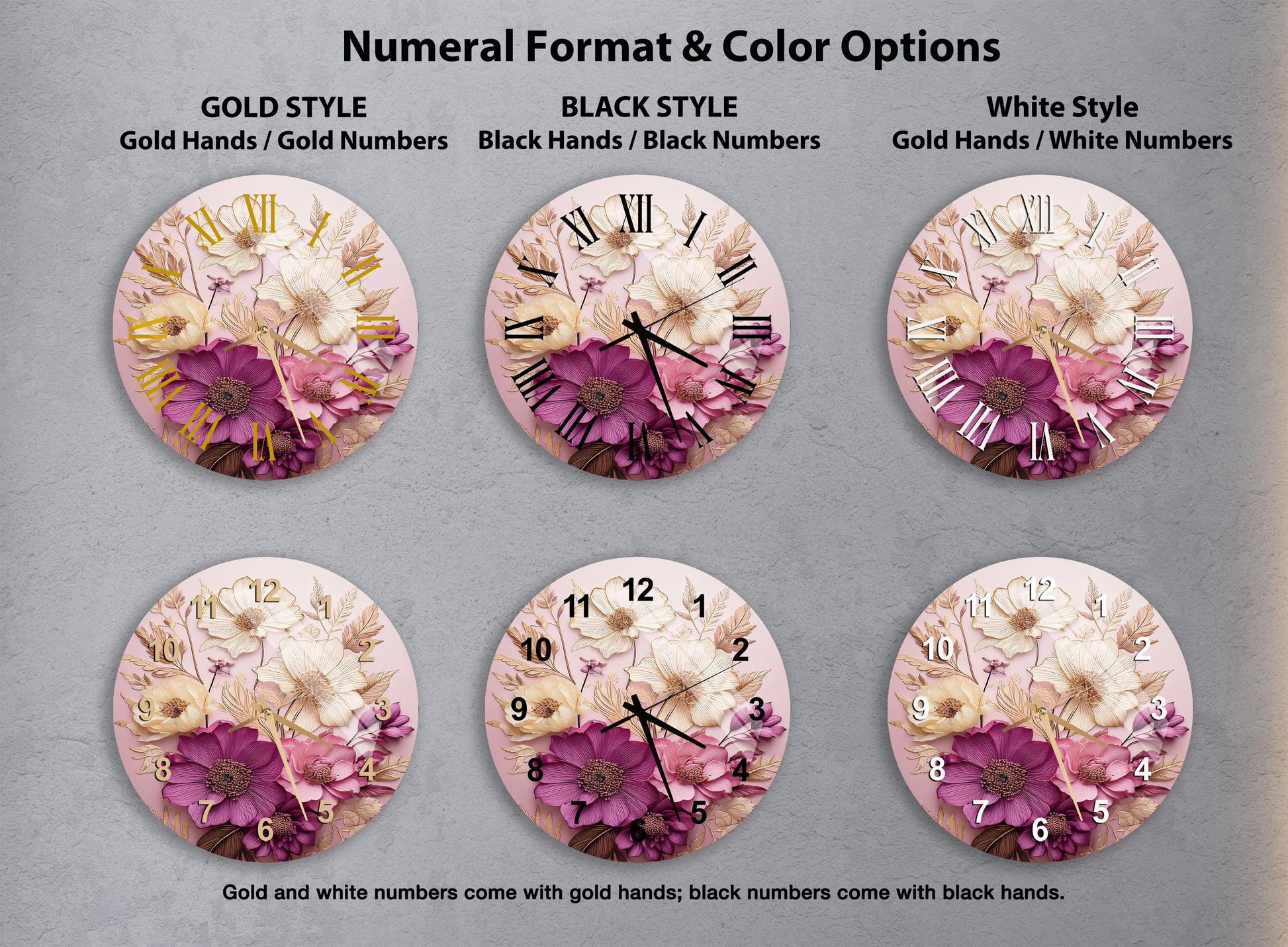 a set of four clocks with flowers on them