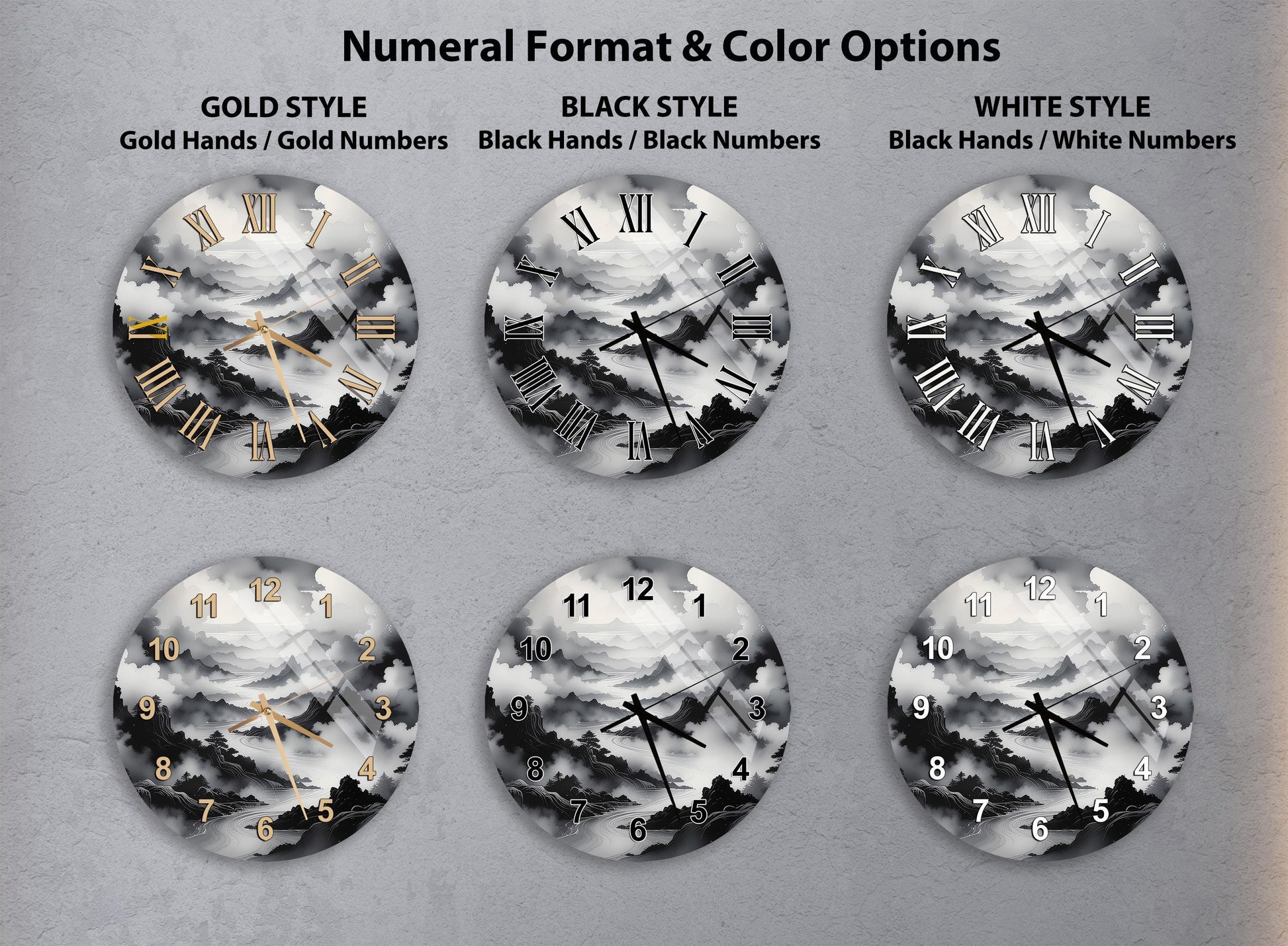a collection of six clock faces, each with a different numeral format and color option. The clocks feature various styles, including gold hands, gold numbers, black hands, black numbers, black hands/white numbers, and black hands/white numbers. The clocks are arranged in a grid format, showcasing the different styles and color options available for a clock design.