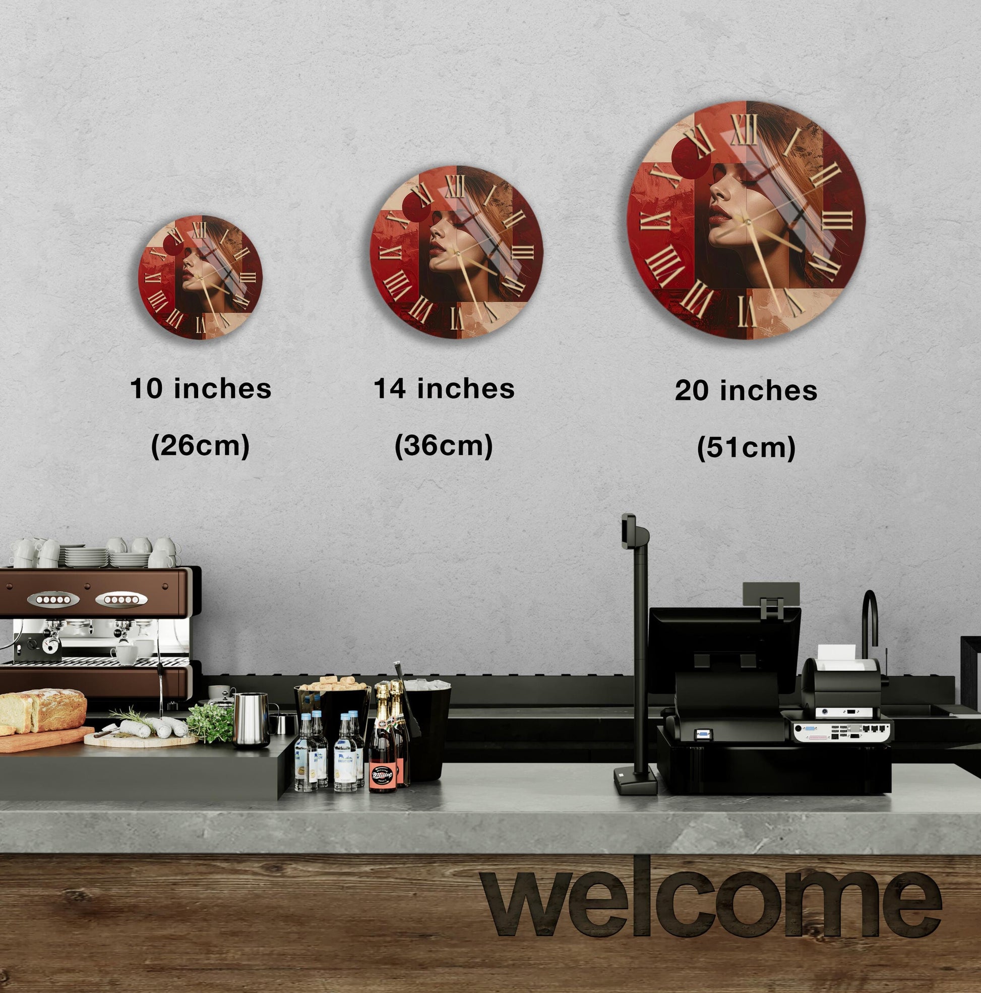 a wall clock with a woman's face, accompanied by size measurements for each clock size. Below the wall clock, there is a counter with various items such as bottles and a sandwich. The word "welcome" is also visible in the image.