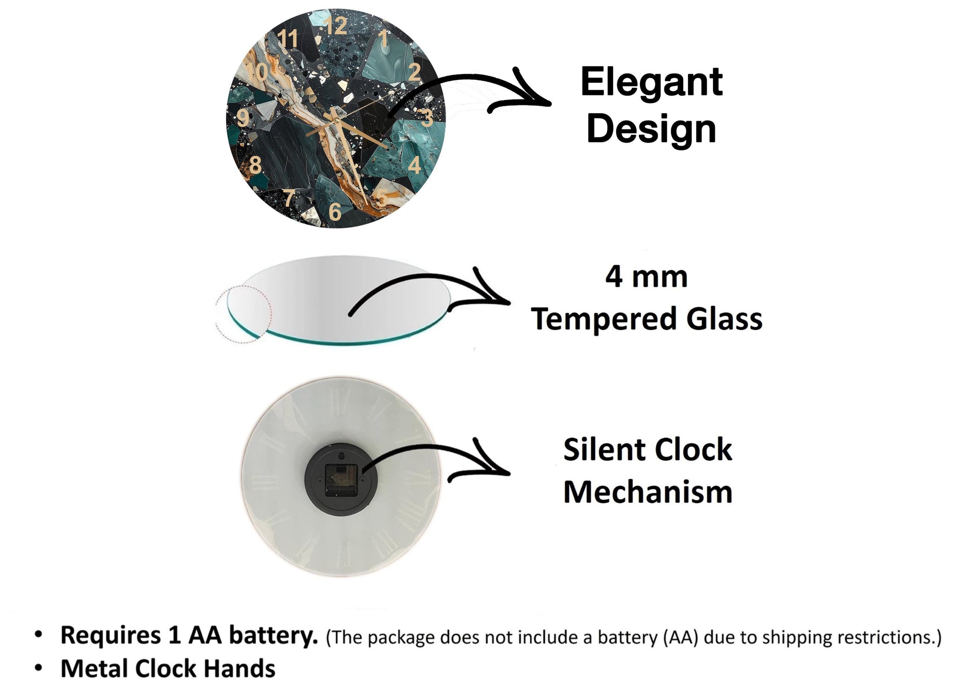 The image is a diagram that illustrates the features of a clock, including its design, size, and mechanism. It shows a 4 mm Tempered Glass face, a silent clock mechanism, and a metal clock hand. The diagram also includes text that explains the features of the clock, such as the requirement of a 1 AA battery and the absence of a battery (AA) due to shipping restrictions.