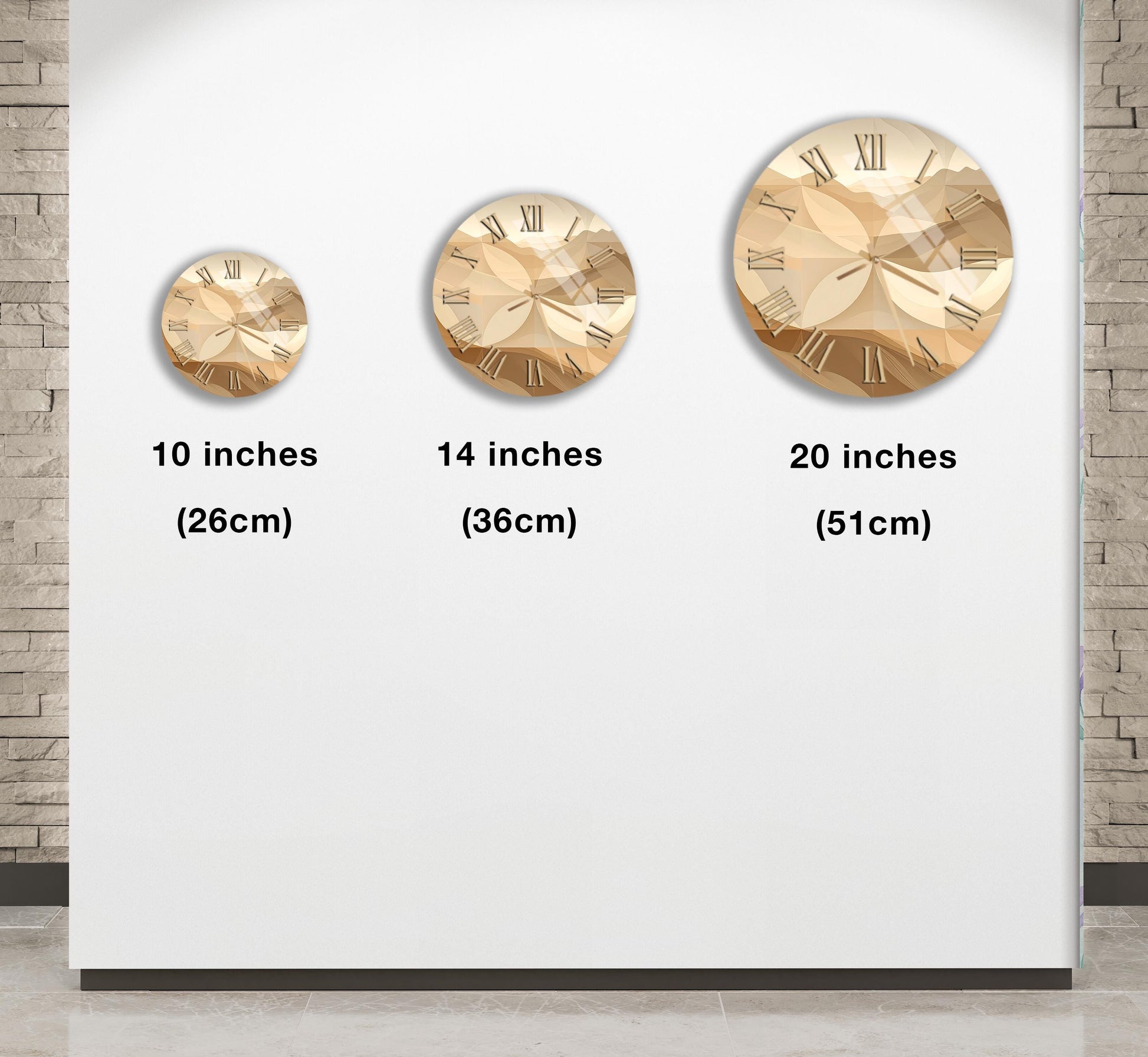 three different clock designs, each with a unique size indicated by the text "10 inches (26cm)", "14 inches (36cm)", and "20 inches (51cm)", respectively.
