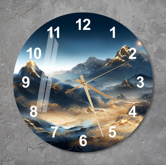 a clock with a painting of mountains and clouds on it