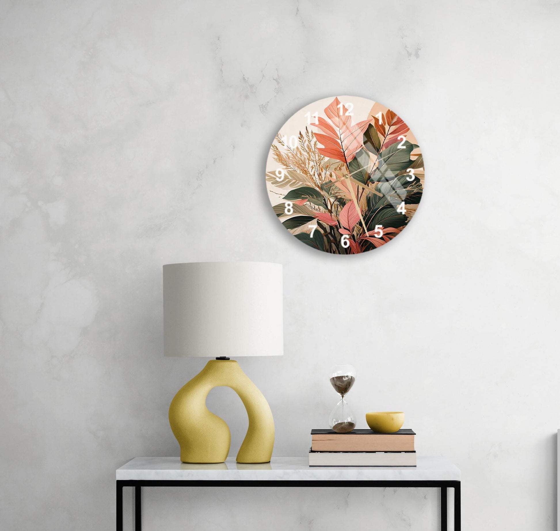 a table with a lamp and a clock on it