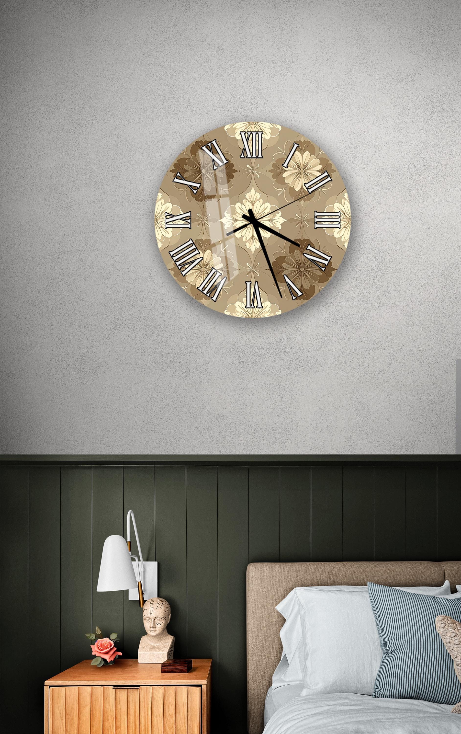 a bedroom setting with a wall clock, a nightstand, and a bed.