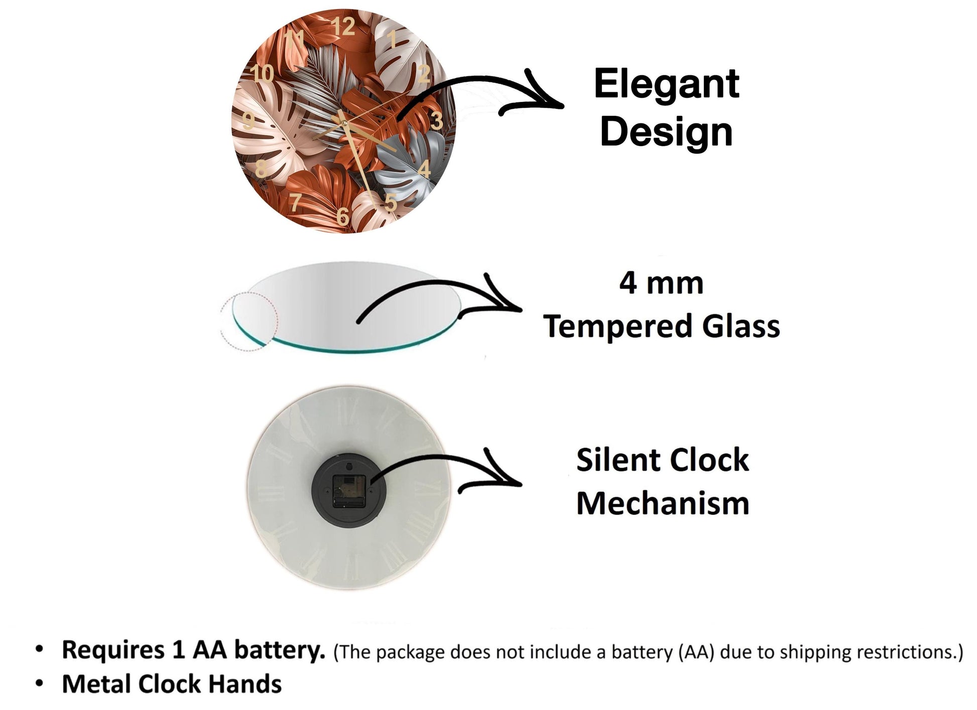 The image is a diagram that illustrates the features of a clock, including its design, materials, and mechanism.