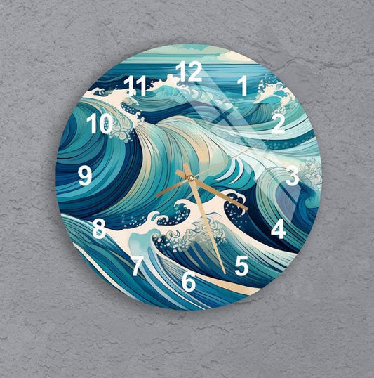 Tempered Glass Wall Clock - Ocean Wave Clock | Coastal Design, Blue Decor Gift