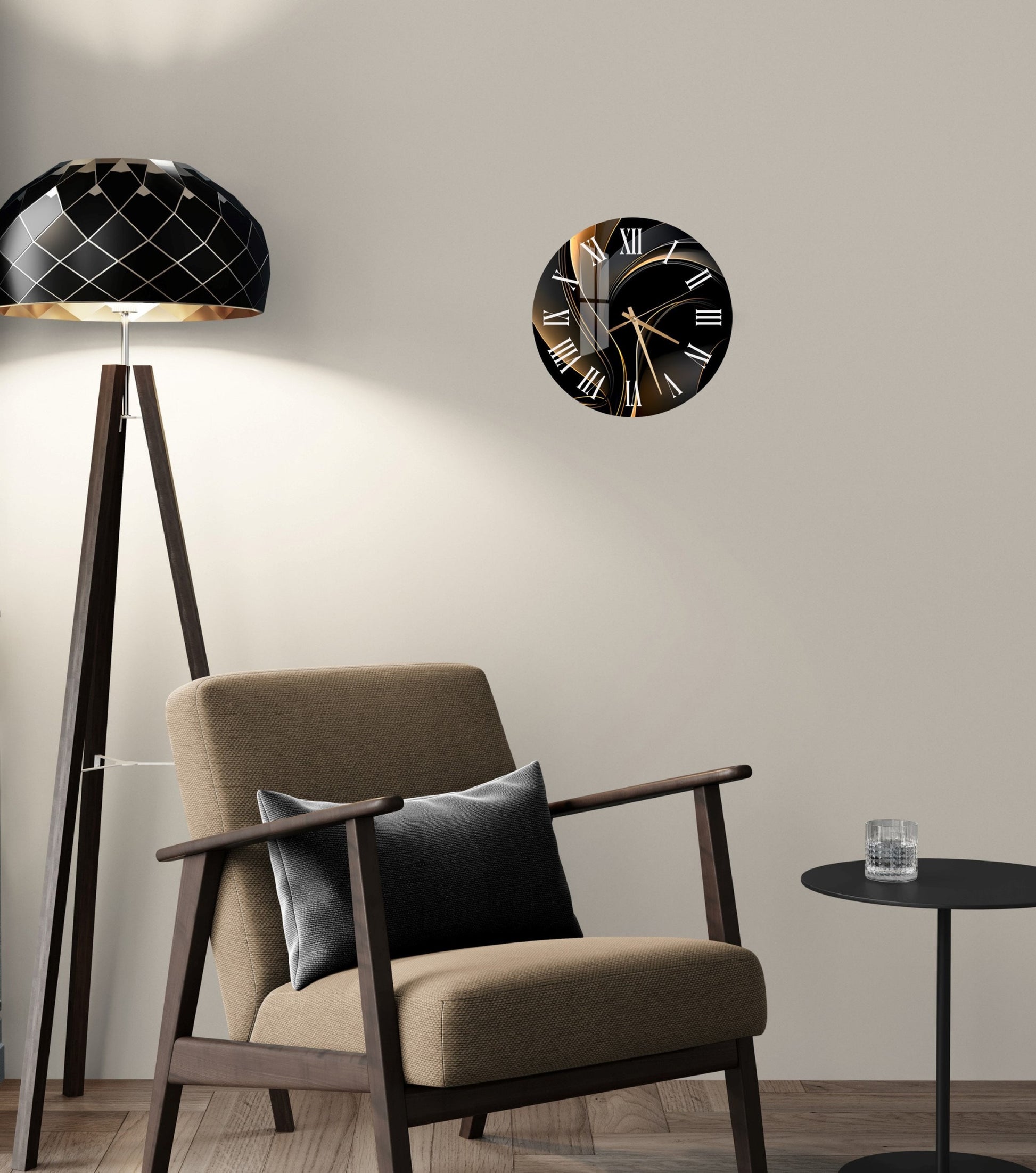 a living room with a chair and a clock on the wall