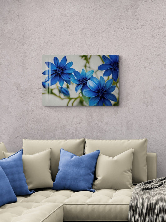 Tempered Glass Wall Art – White Flowers Floral Wall Decor | Blue Glass Hanging