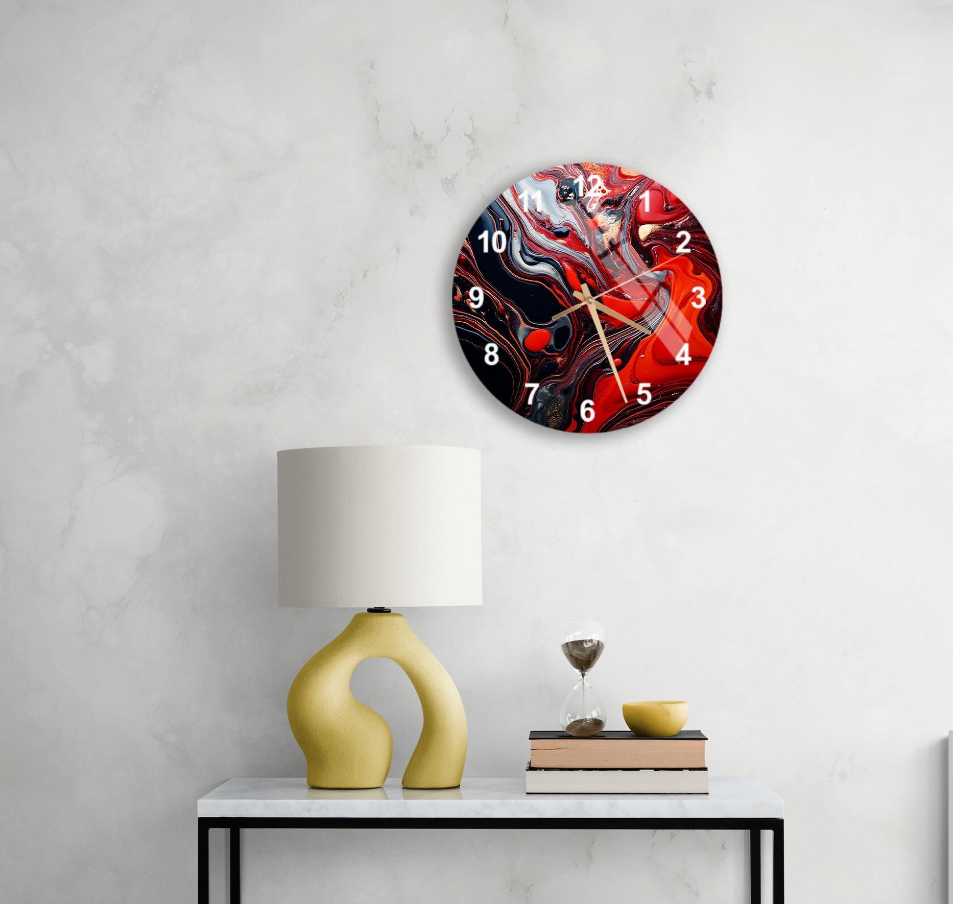 a white table with a lamp and a clock on it
