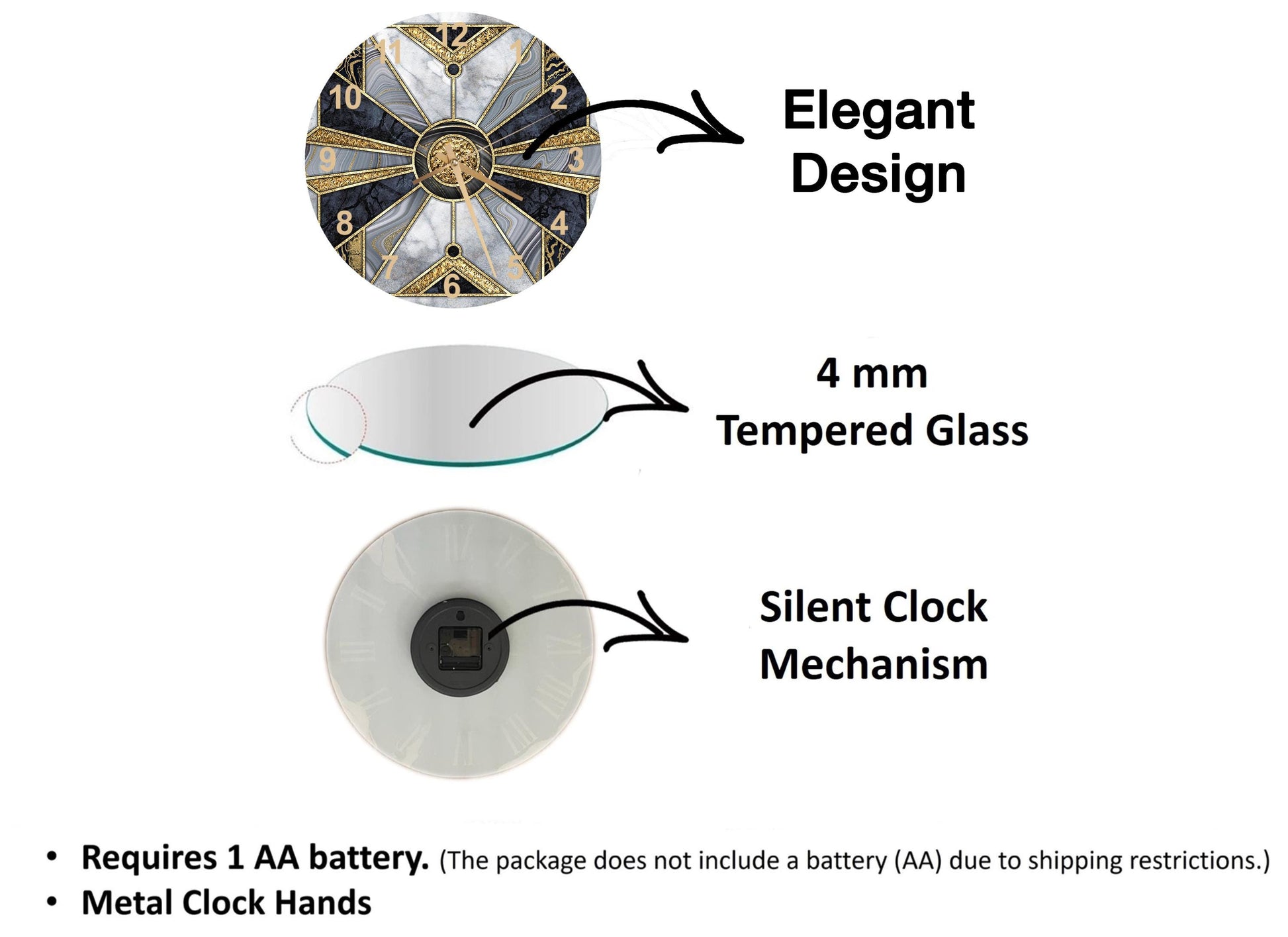 The image is a diagram that illustrates the features of a clock, including its elegant design, the use of 4 mm Tempered Glass for the clock face, and the silent clock mechanism.