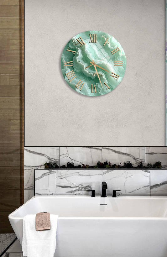 Green Agate Wall Clock – Tempered Glass, Oversized Abstract Swirl Design, Silent Sweep