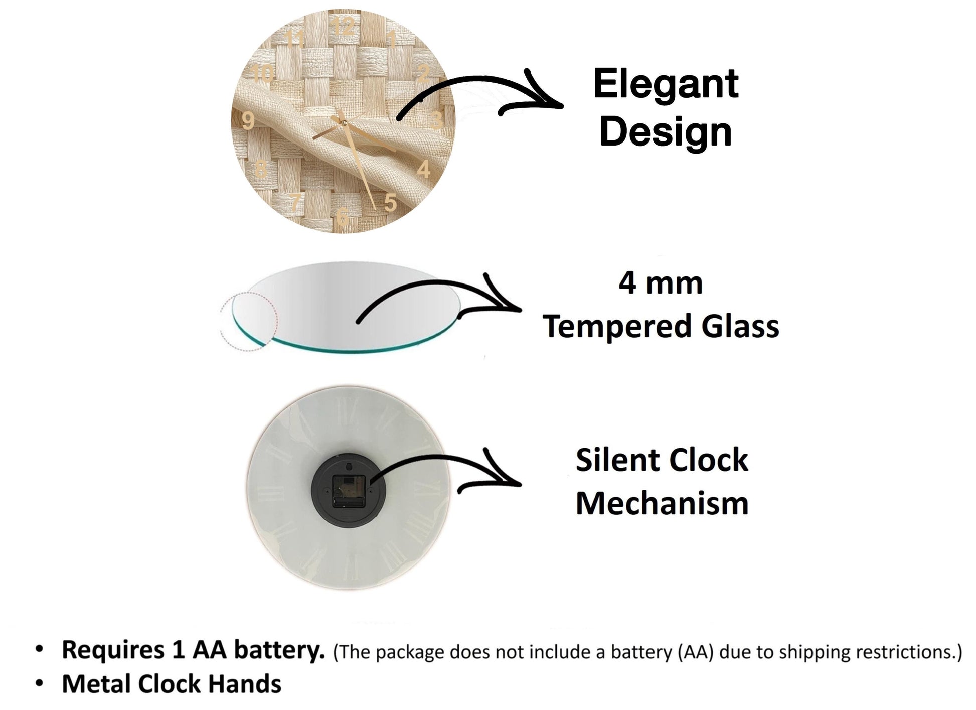 The image is a diagram that illustrates the features of a clock, including its design, size, and mechanism.