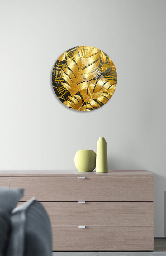 Gold Wall Clock - Tempered Glass Clock With Elegant Gold Leaves Floral Design