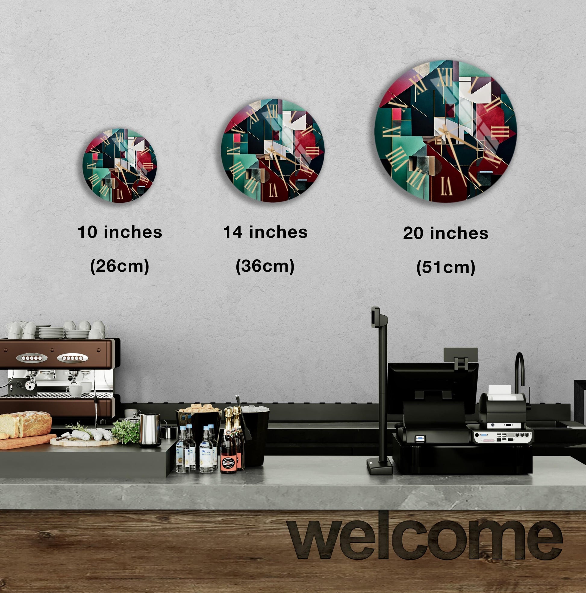 a coffee shop with three clocks on the wall