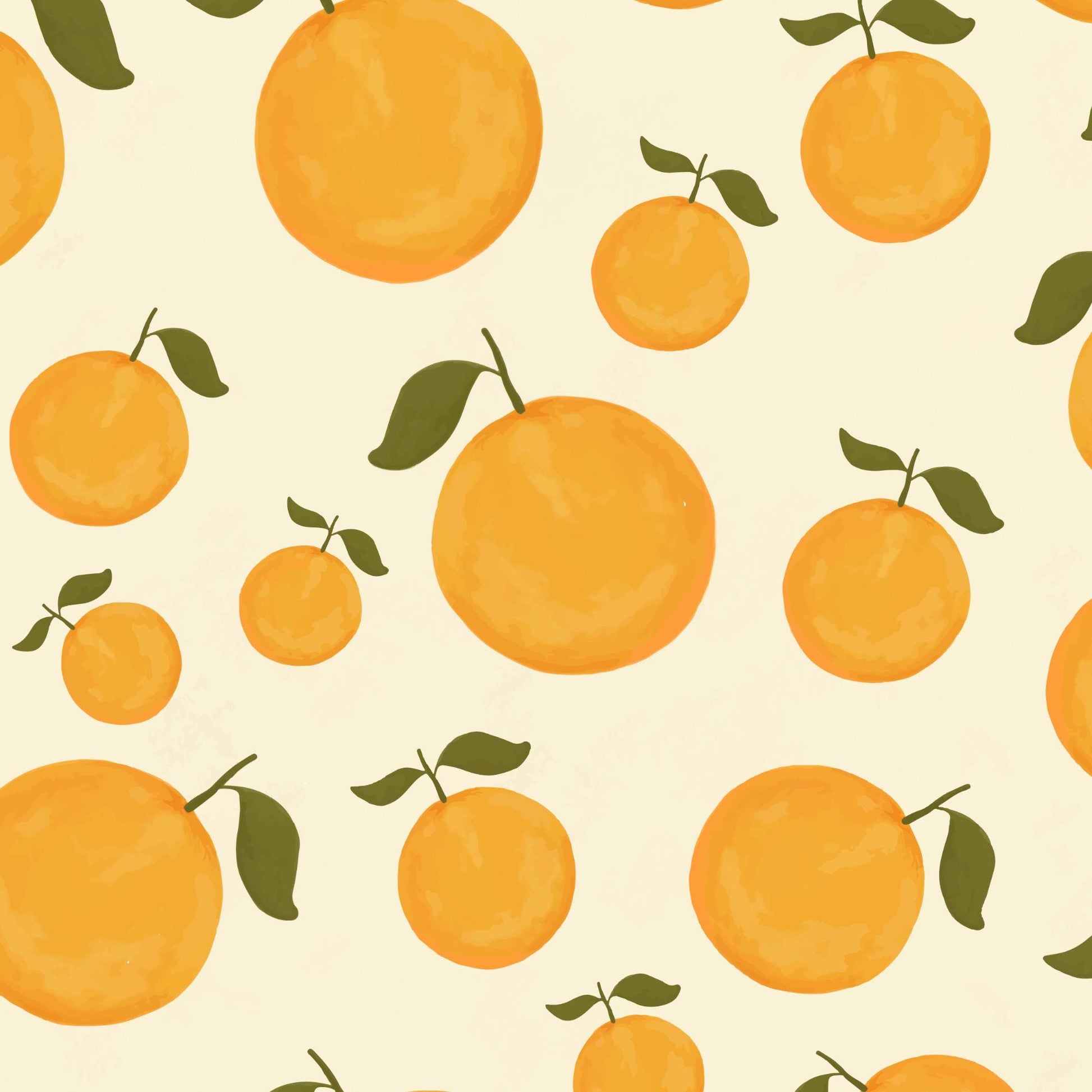 a repeating pattern of orange fruits with green leaves, creating a visually appealing and harmonious design.