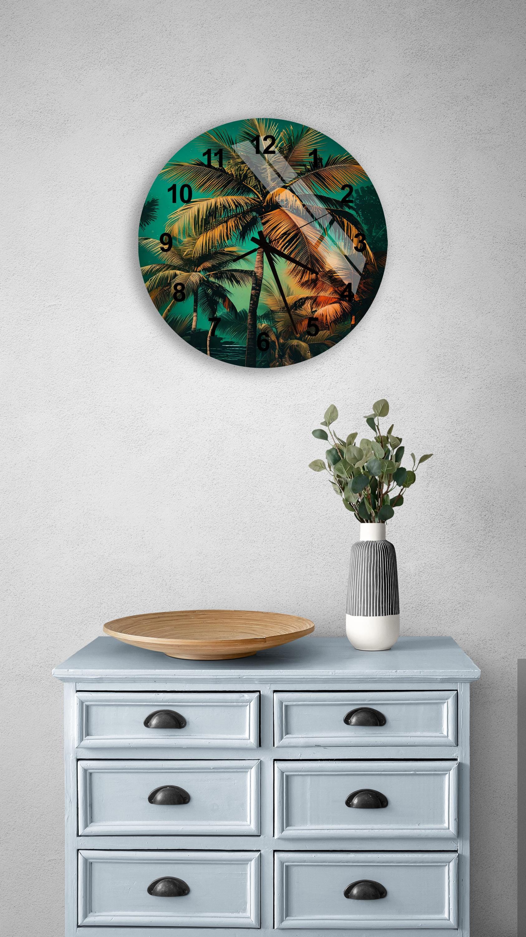 a clock on a wall above a dresser