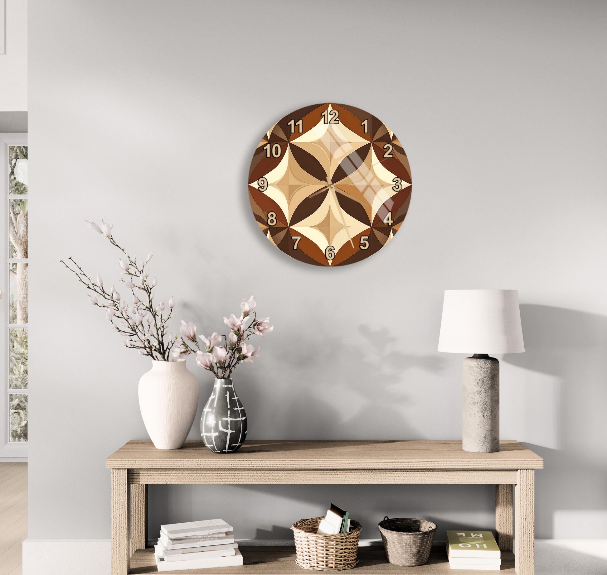 a modern living room with a wooden table displaying a vase of flowers, a lamp, and a clock on the wall.