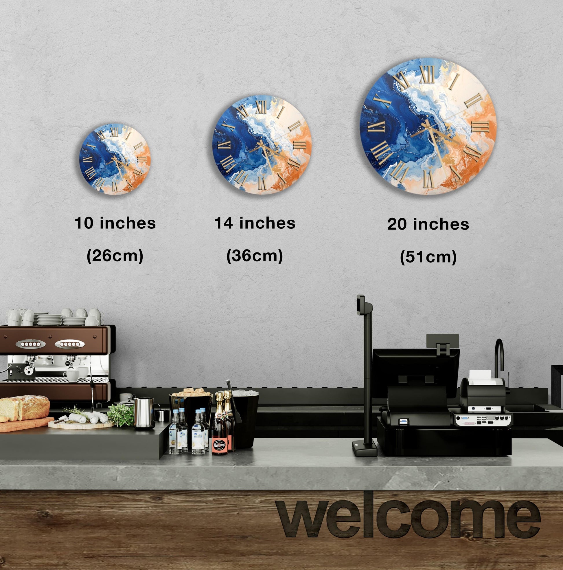 a wall with three different clock designs, each representing a different size: 10 inches, 14 inches, and 20 inches. Below the clocks, there is a counter with various items such as bottles and a cash register. The word "welcome" is also visible in the image.