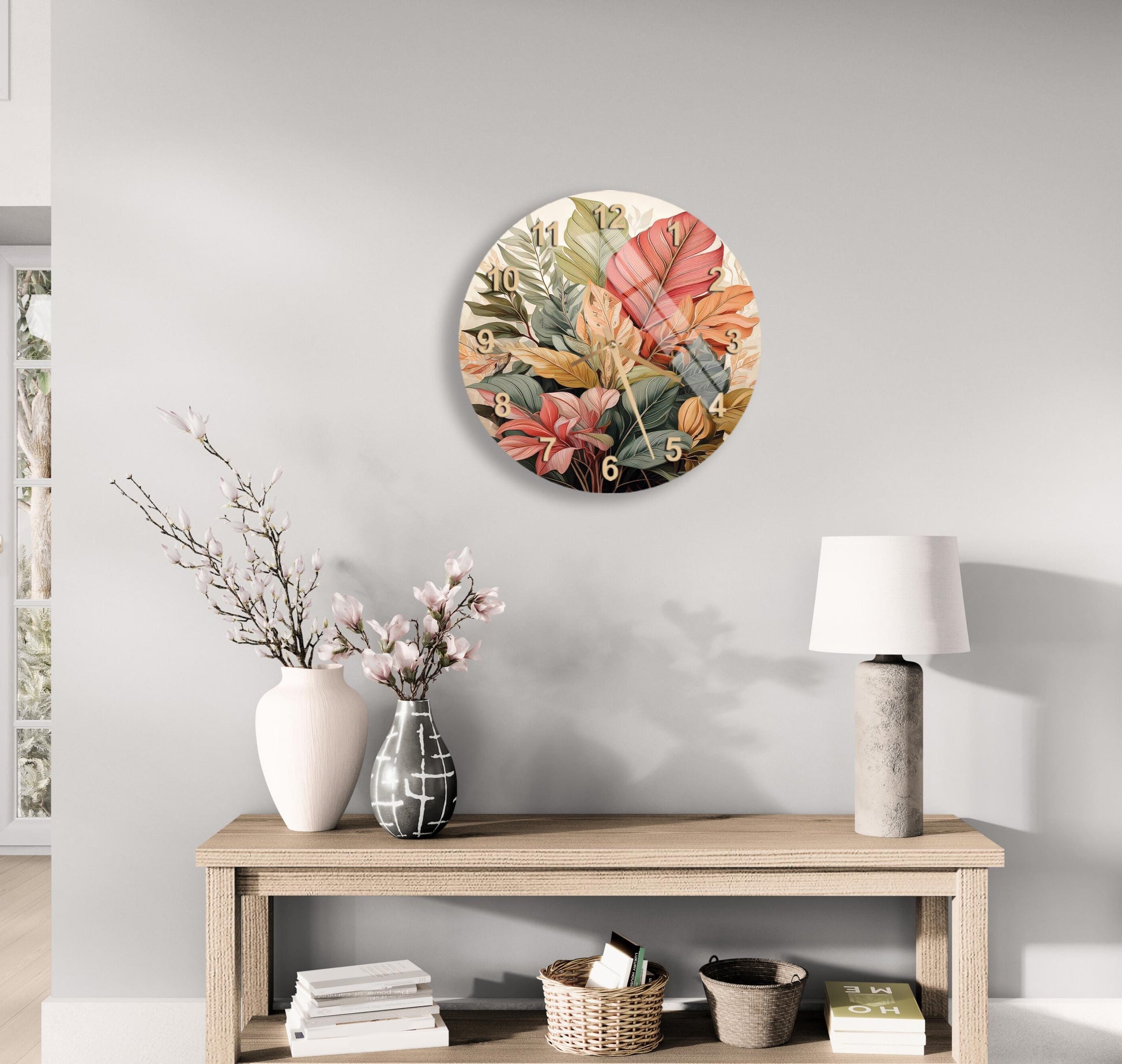 a wooden table with a vase of flowers on top of it