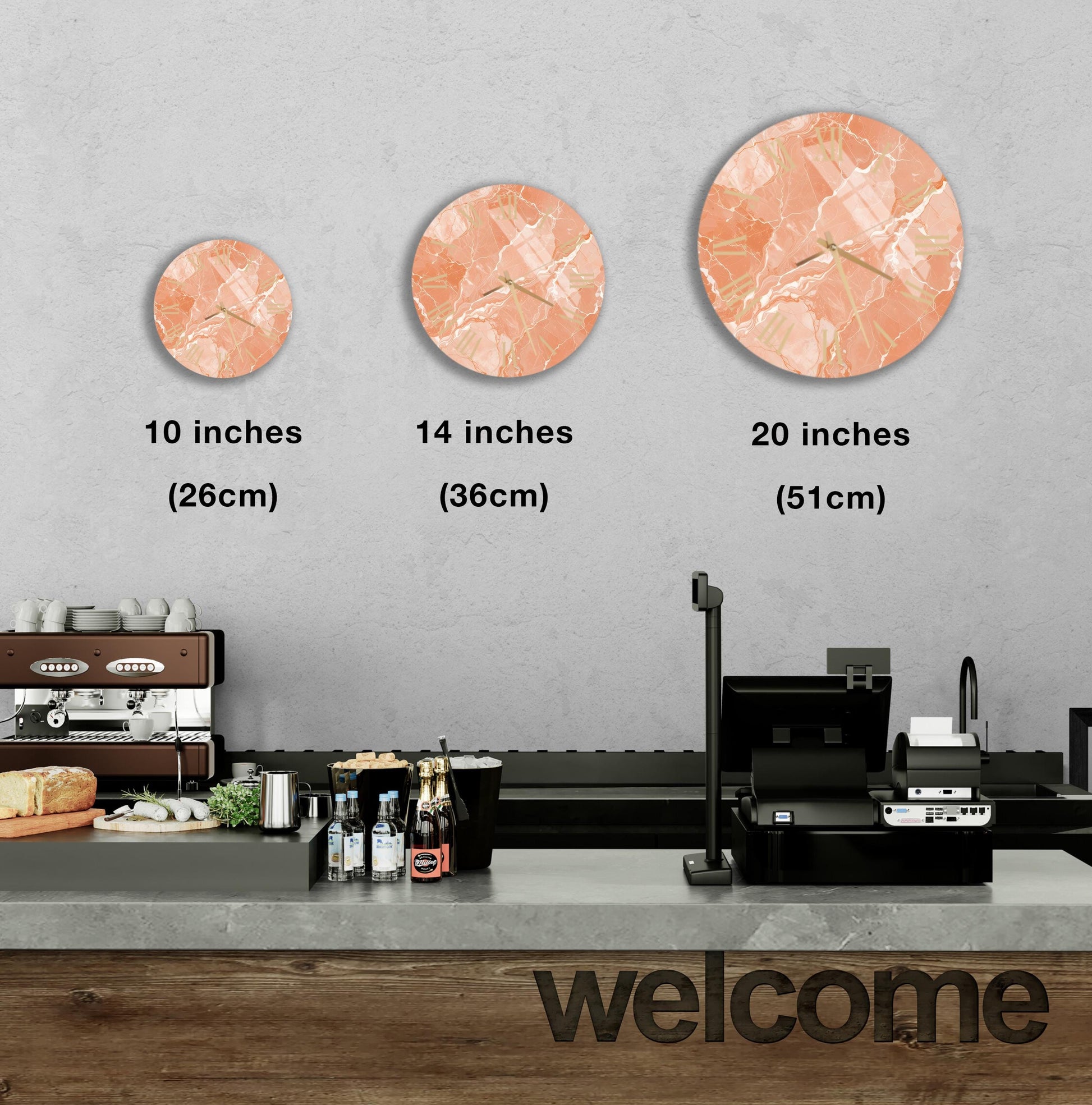 a counter with a cash register, a coffee machine, and various food items such as bottles and bread. There are three clock-like objects displayed on the wall, each representing a different size of the same design.
