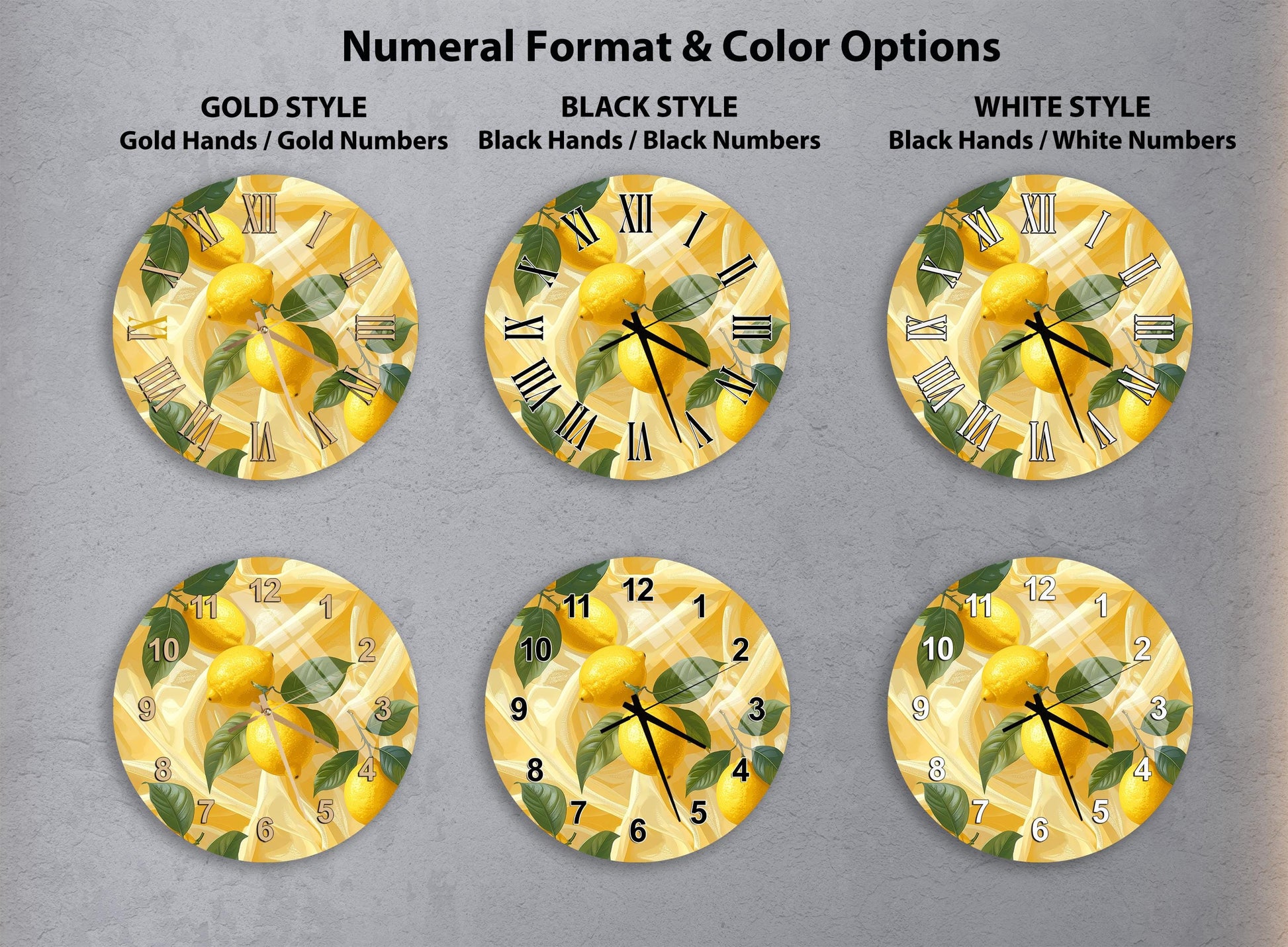 six different clock designs, each with a unique style and color scheme. The clocks feature a lemon design, with the numbers and hands arranged in a circular pattern. The clocks are arranged in a grid format, with two rows and three columns. The styles include "Gold Style", "Black Style", and "White Style".