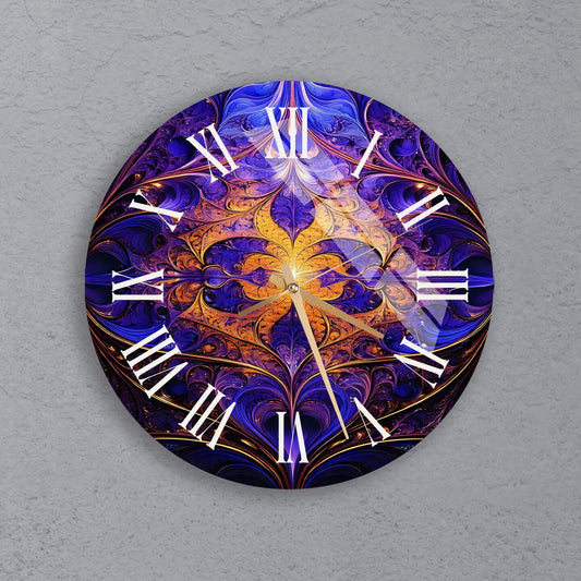 a clock on a wall with a blue and yellow design