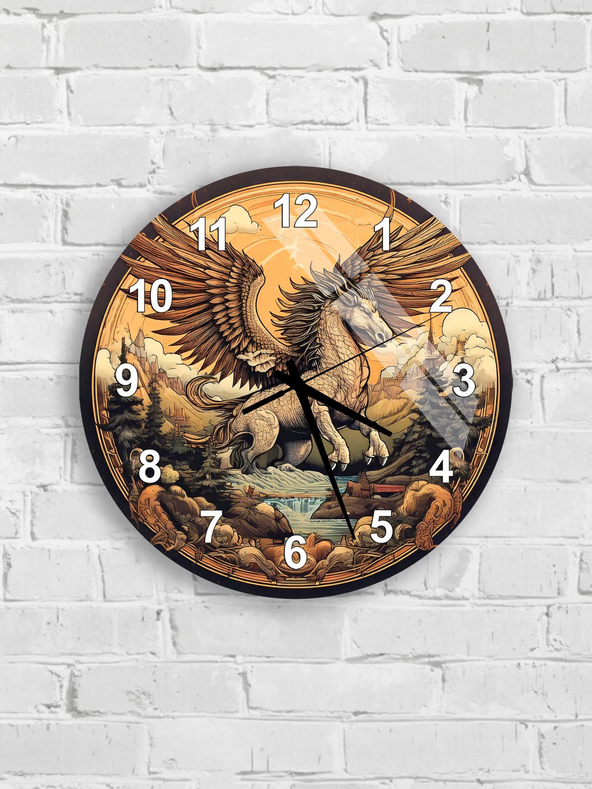 A wall clock with a design featuring a winged creature, possibly a mythical or fantastical animal, against a backdrop of clouds and mountains.