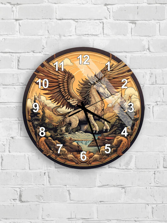 A wall clock with a design featuring a winged creature, possibly a mythical or fantastical animal, against a backdrop of clouds and mountains.