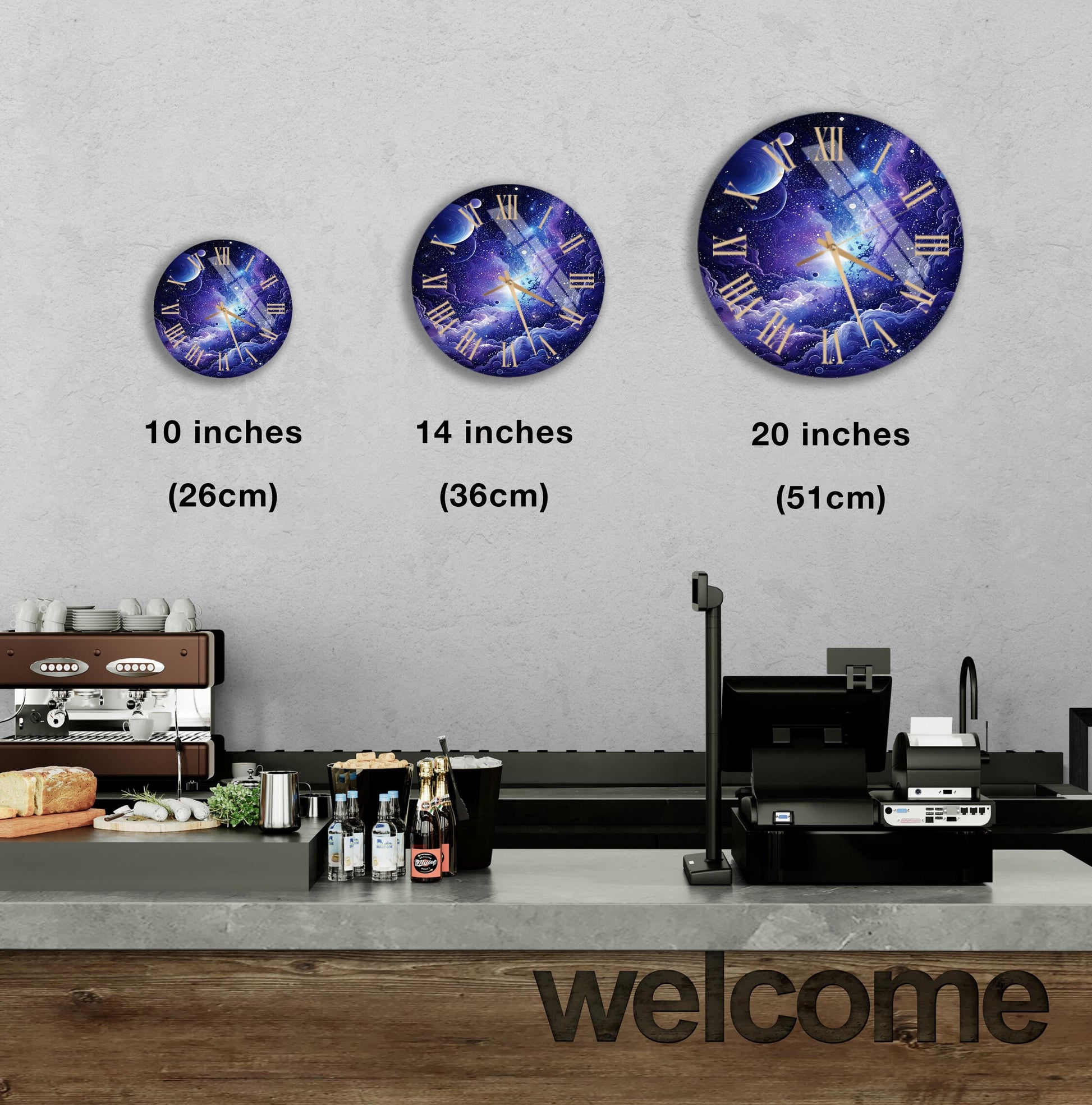 a kitchen counter with three clocks on the wall