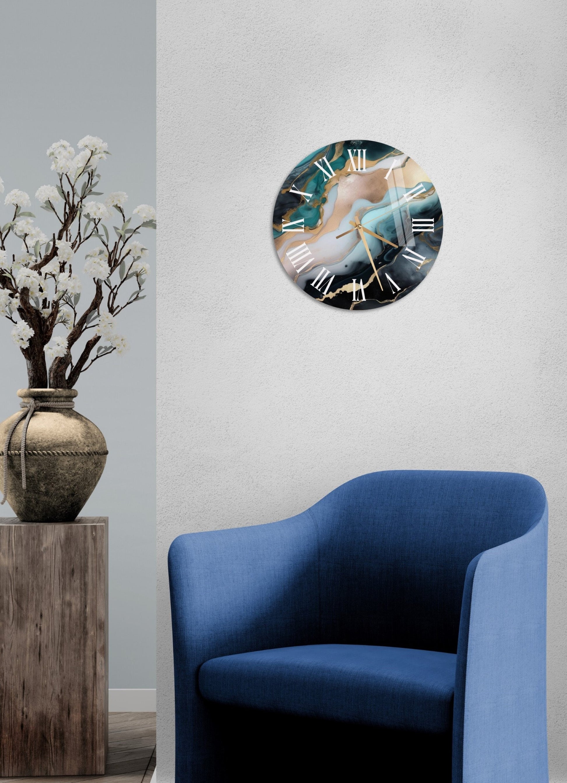 a blue chair in a room with a clock on the wall