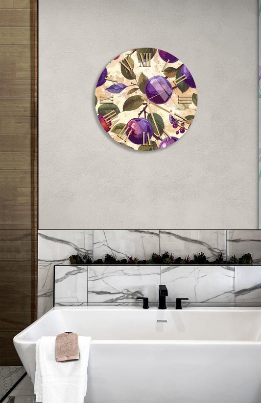 Tempered Glass Wall Clock – Plum Fruit Design Beige Kitchen Clock, Vintage Style