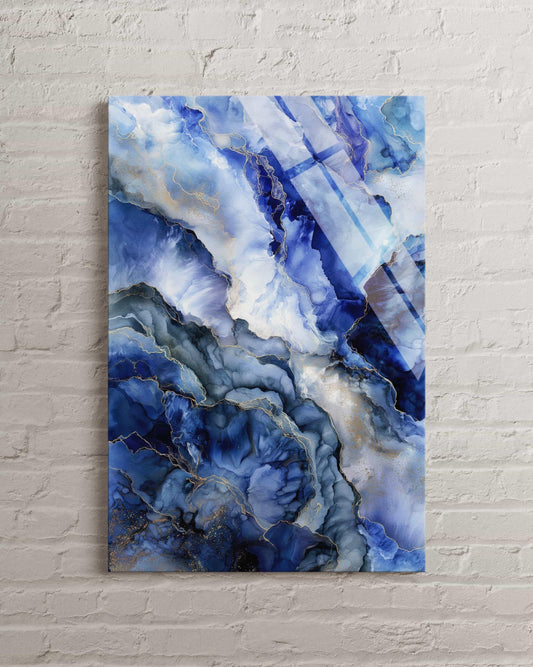 Blue Marble Wall Art – Abstract Alcohol Ink Tempered Glass Decor with Gold Vein