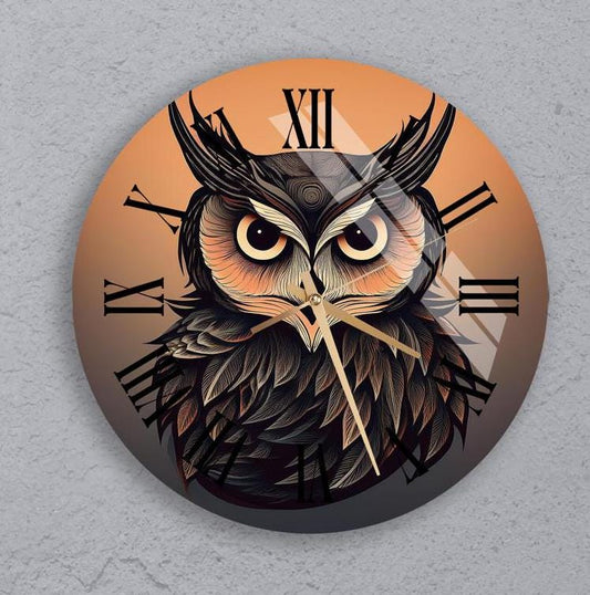 Glass Owl Clock – Tempered Glass, Nature Wall Art | Silent, Scratch Resistant
