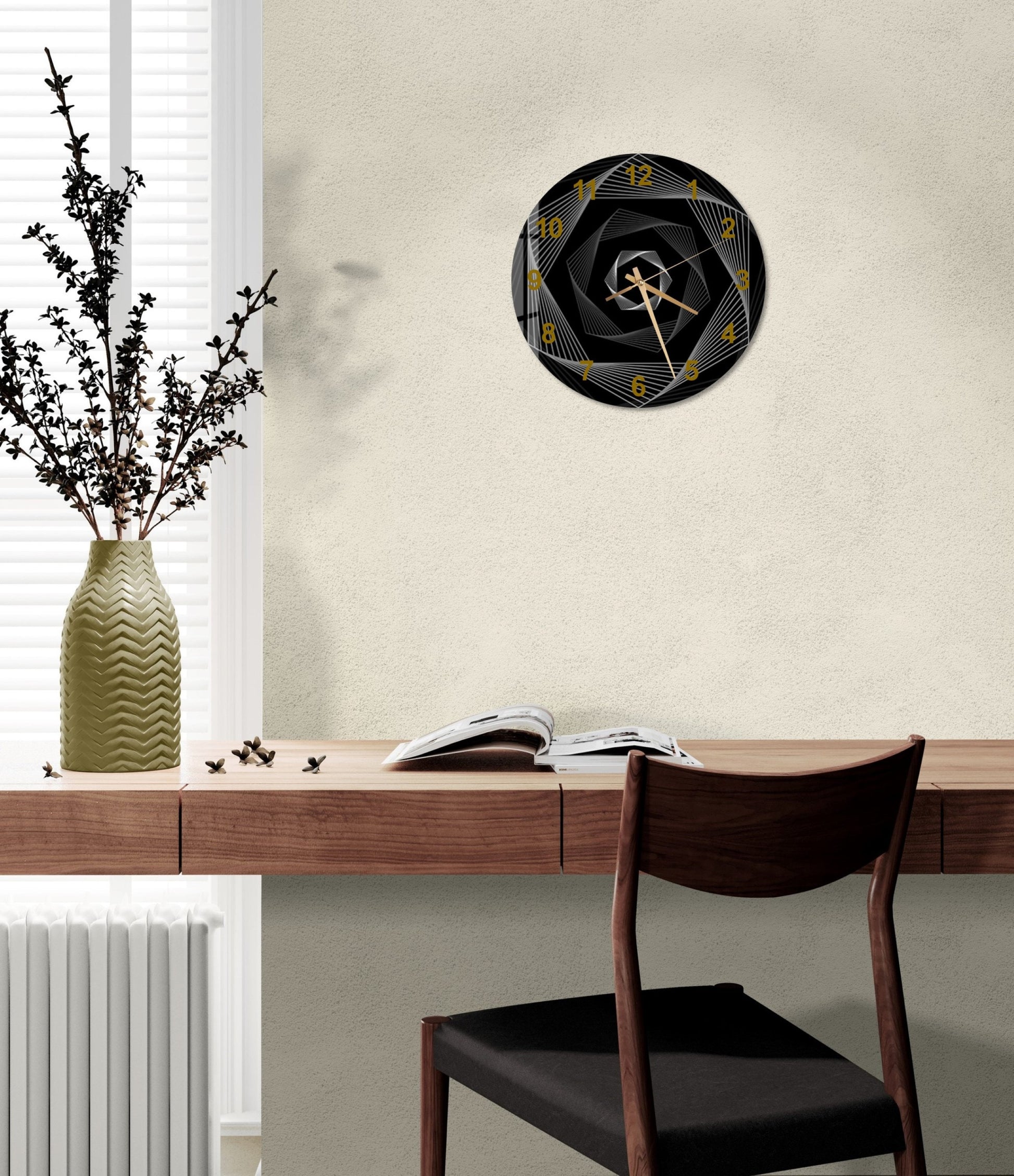 a desk with a chair and a clock on it
