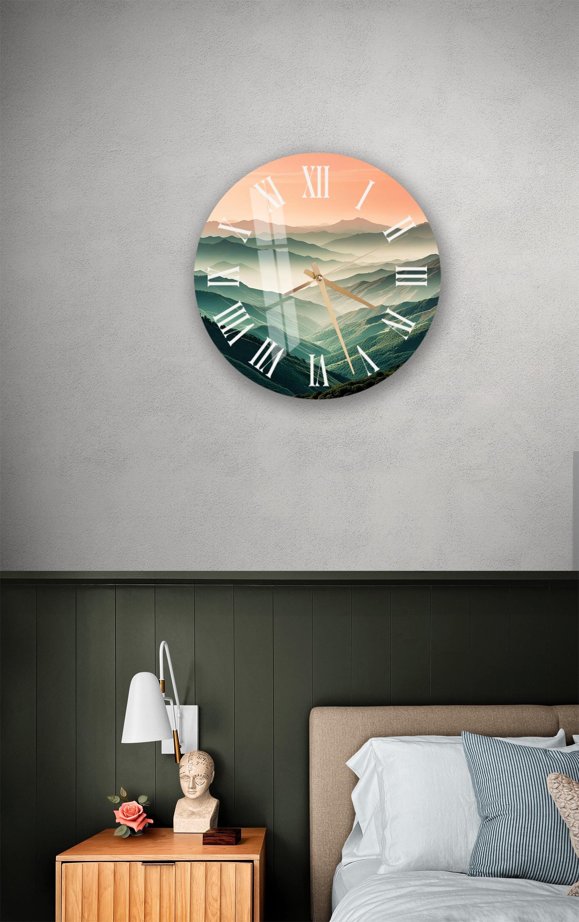 a bedroom with a bed and a clock on the wall