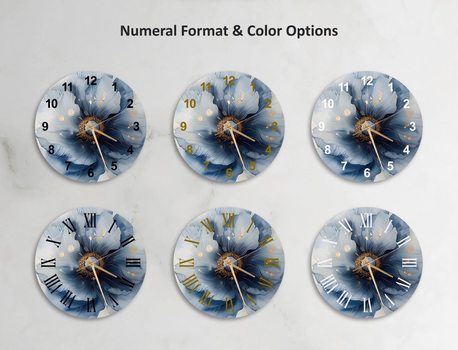four clocks with blue flowers painted on them