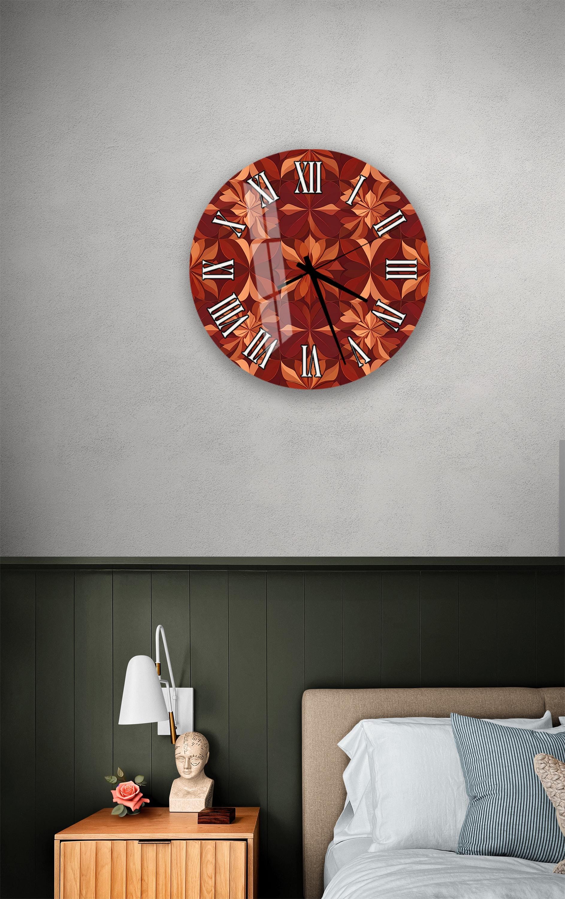 a bedroom setting with a large, round clock with a floral design on the wall above a bed with a white headboard.
