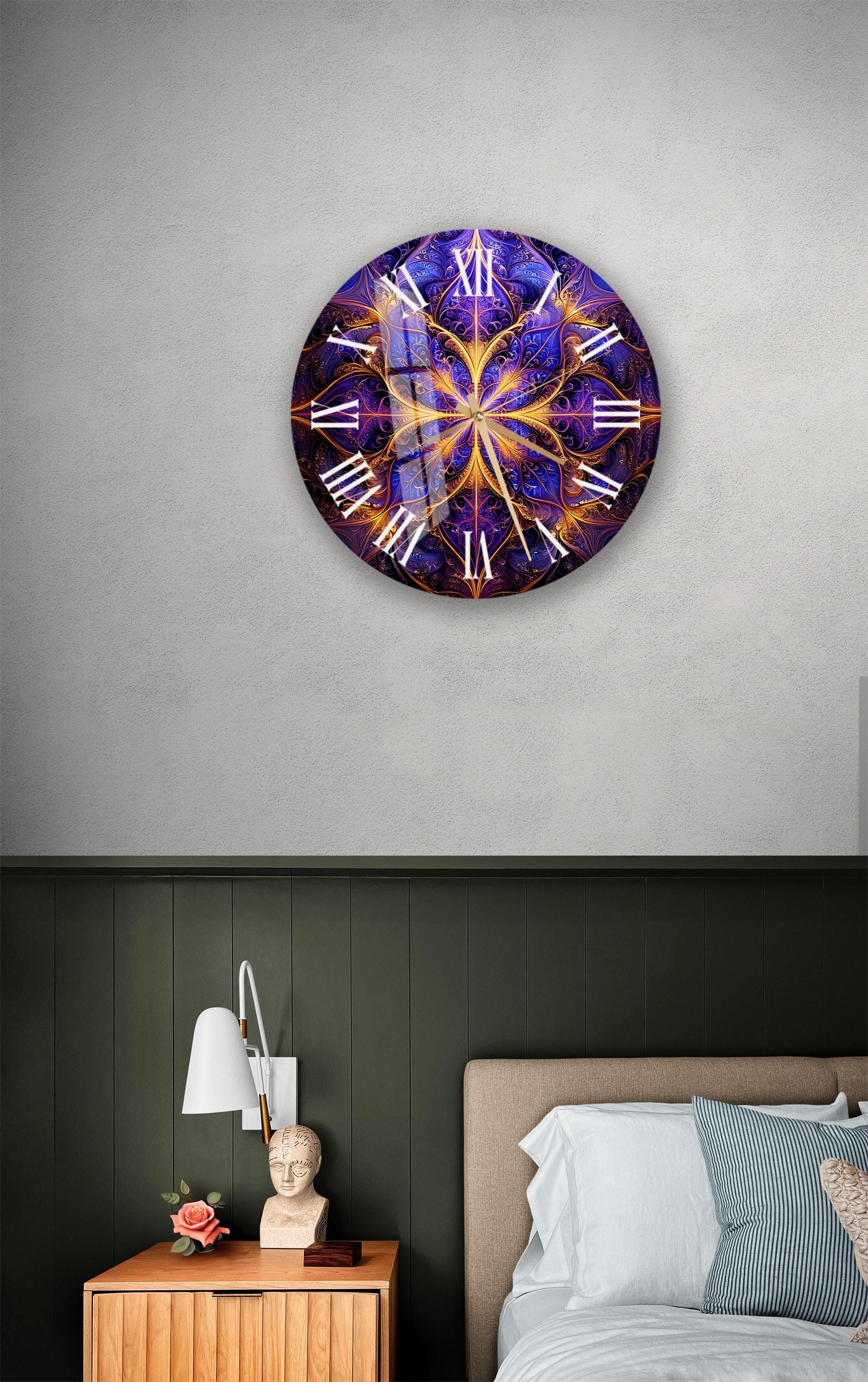 a bedroom with a bed and a large clock on the wall