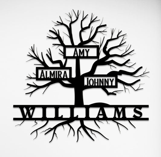 Personalized Metal Wall Art – Custom Family Tree Sign | Modern Matte Black
