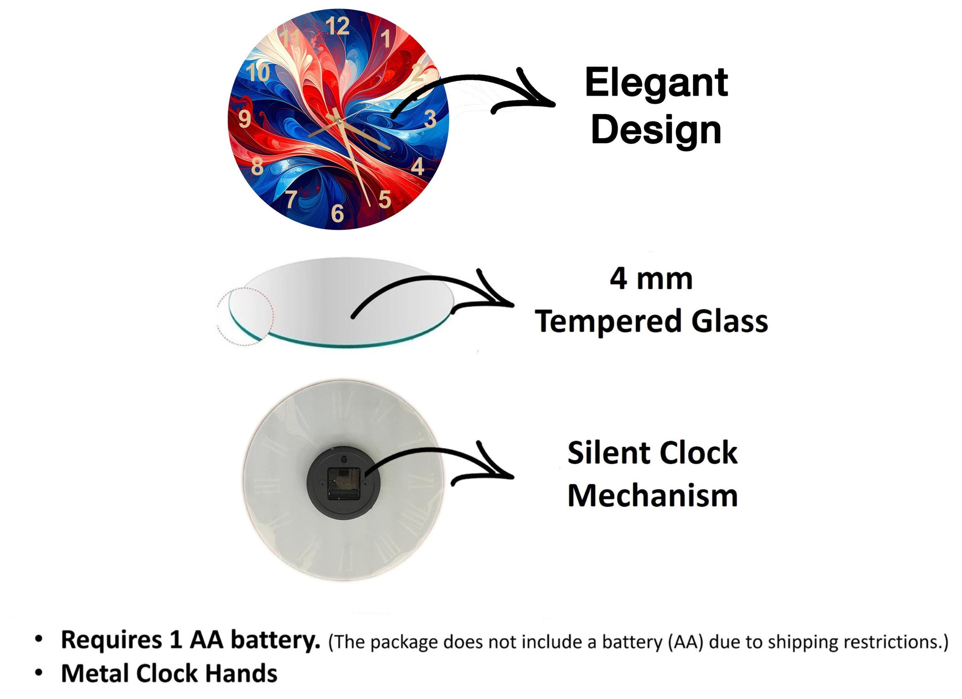 The image is a diagram comparing three different clock mechanisms, each with its own unique features. The first clock mechanism is an elegant design that requires a 4 mm Tempered Glass lens. The second clock mechanism is a silent clock mechanism that does not require a battery. The third clock mechanism is a metal clock hands design, which does not include a battery (AA) due to shipping restrictions.