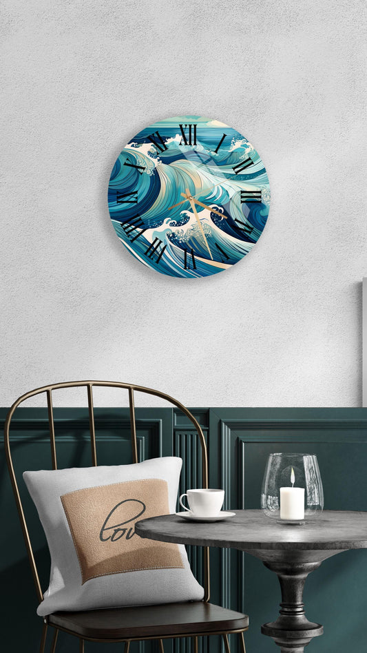 Tempered Glass Wall Clock - Ocean Wave Clock | Coastal Design, Blue Decor Gift