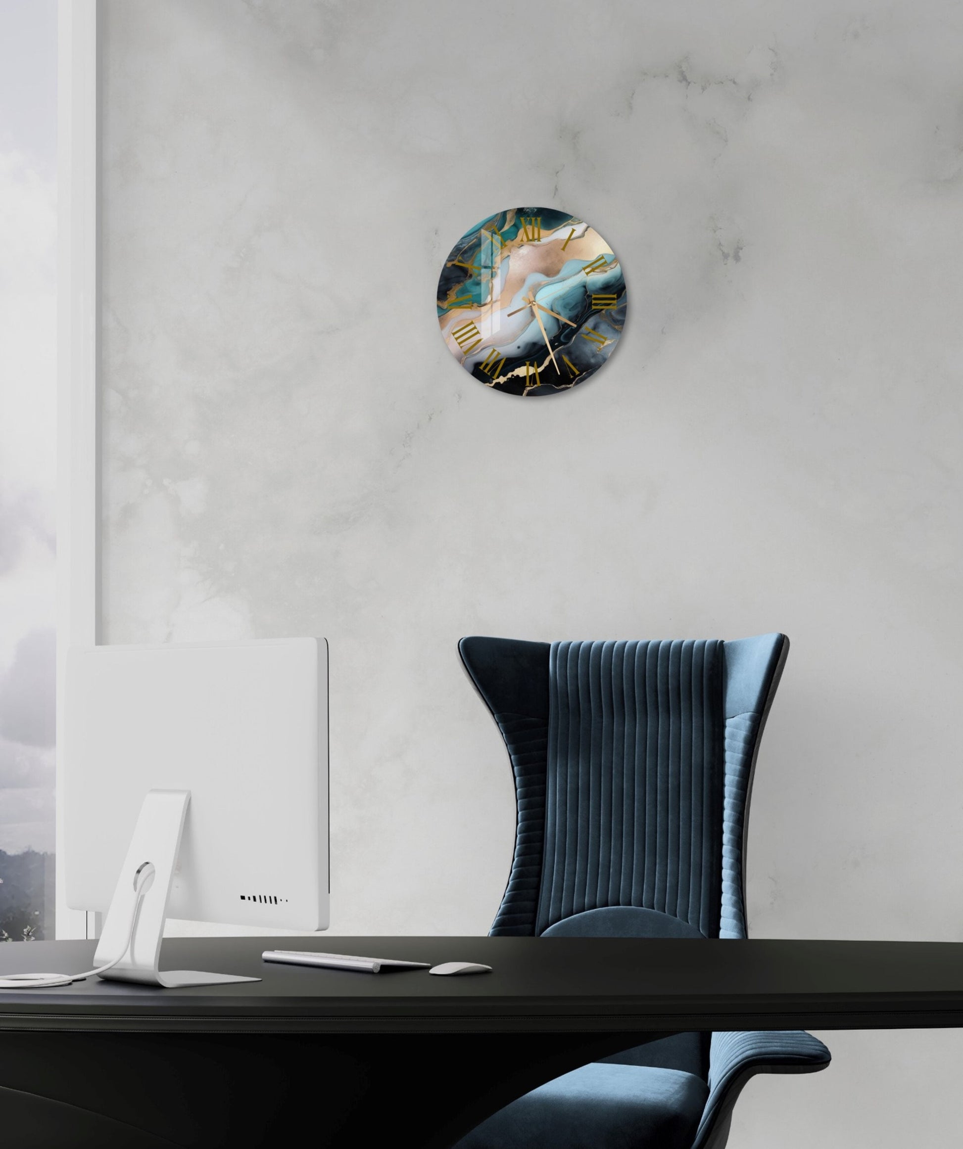 a desk with a chair and a clock on the wall