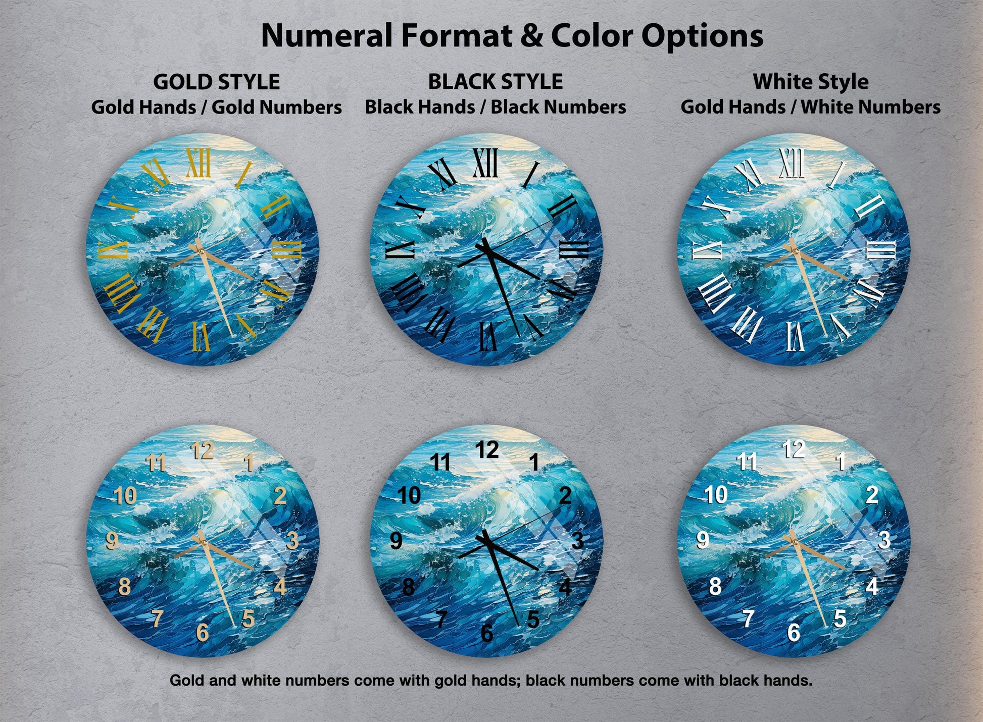 a set of four clocks with different designs on them