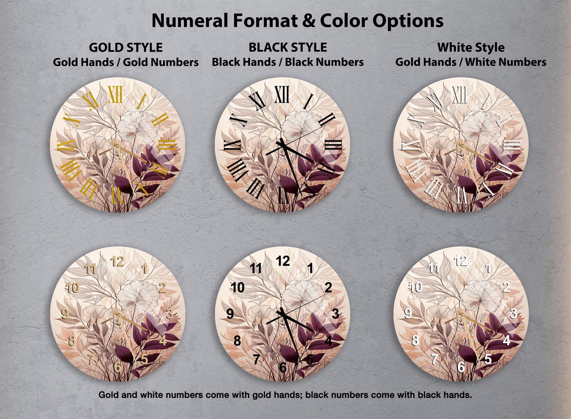 a set of four clocks with flowers painted on them
