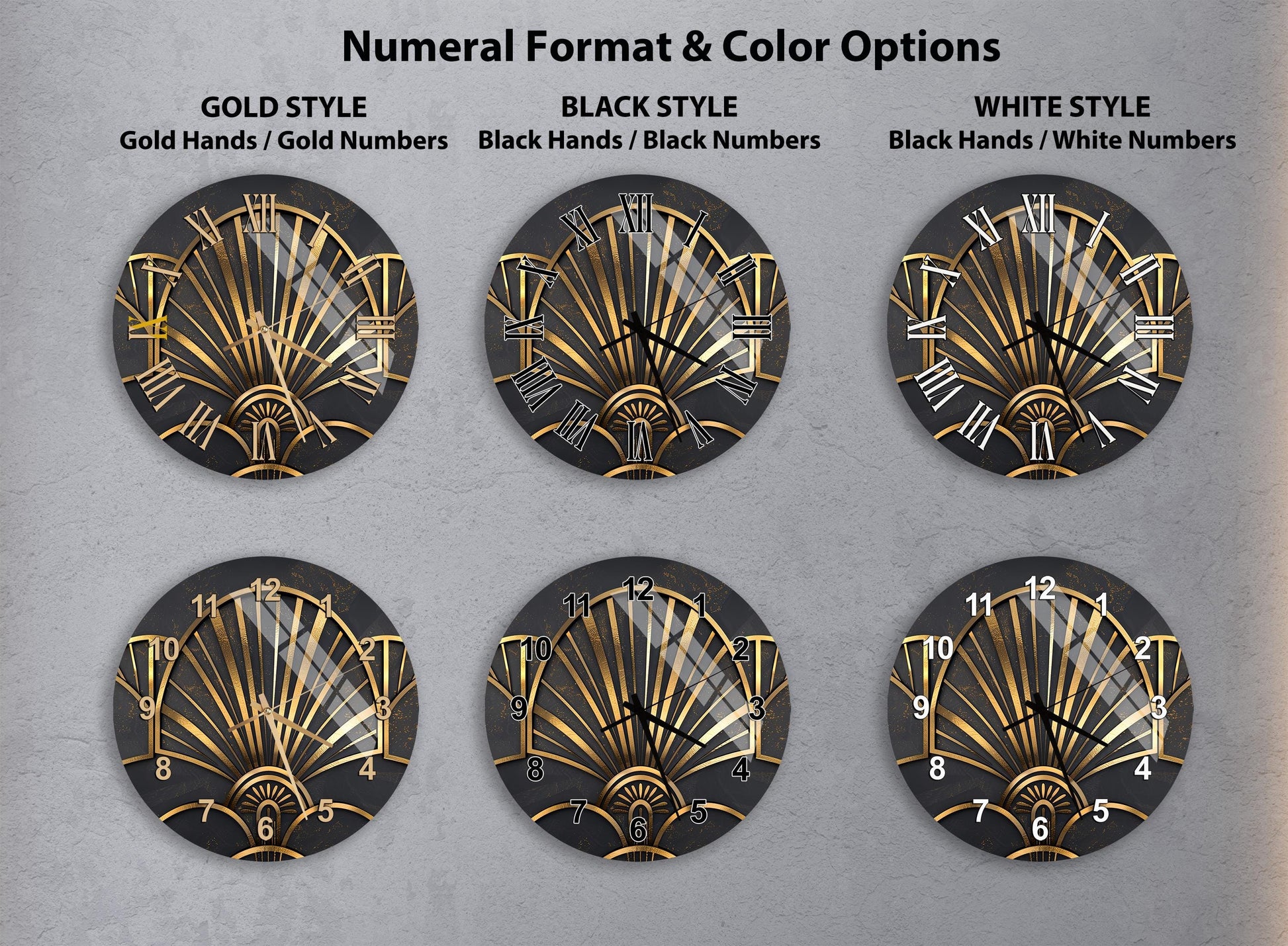six clock faces with different styles and color options, including gold hands and numbers, black hands and numbers, and white hands and numbers.